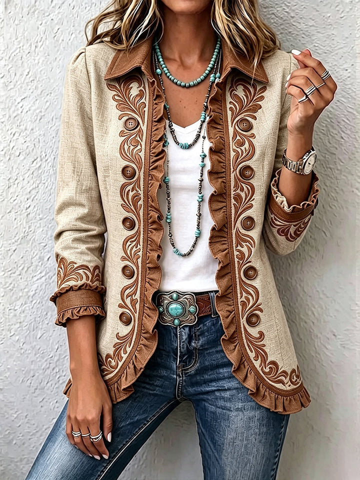 Rozálie | Květovaná boho bunda ve vintage stylu s volány